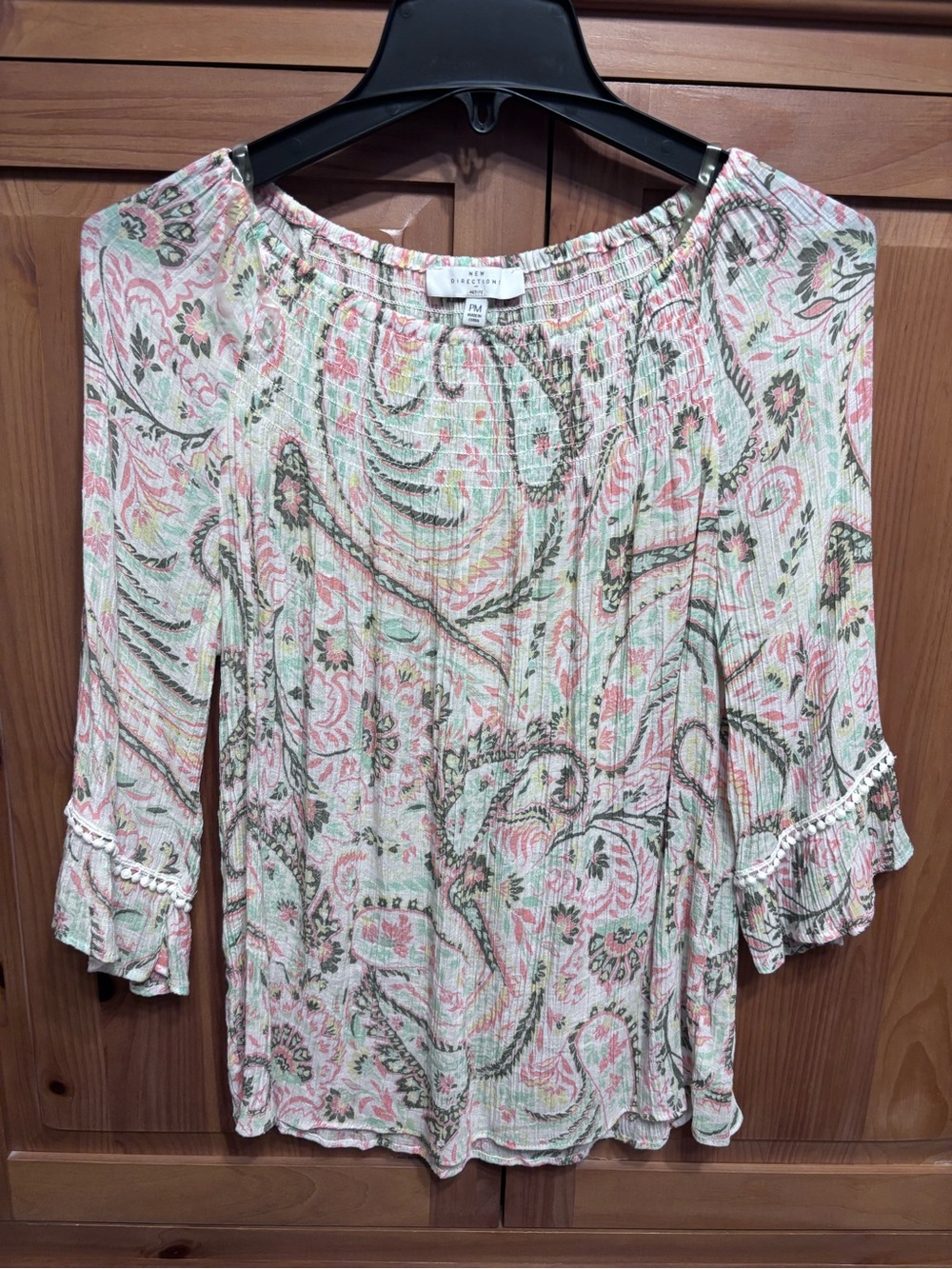 new directions Off-Shoulder Paisley Blouse in White and Pink